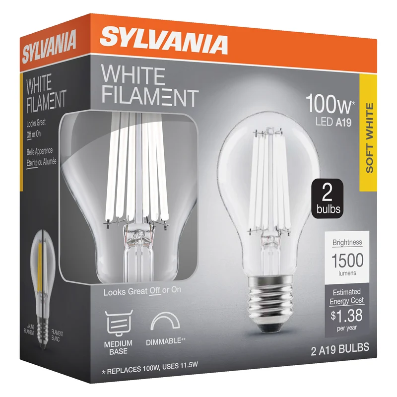 SYLVANIA A19 Clear LED White Filament Bulb, 11.5W, Dimmable, 1500 Lms, Medium Base, 2700K, Soft White