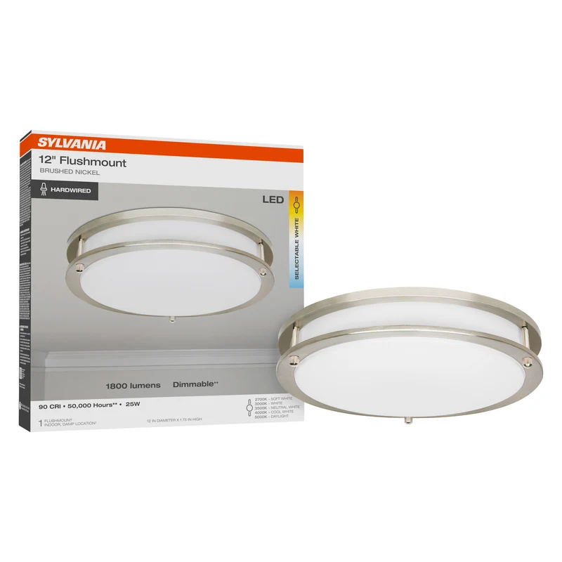 SYLVANIA 12" Flush Mount LED Light Fixture, 25W, 5 CCT Select (2700K - 5000K), Dimmable, 90 CRI, 1800 Lms, with Accessories