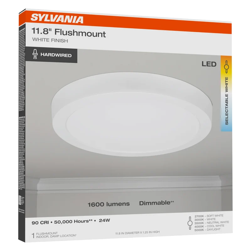 SYLVANIA 12" Flush Mount LED Fixture, 24W, 5 Color Select (2700K - 5000K), 90 CRI, 1600 Lms, Hardwired, White