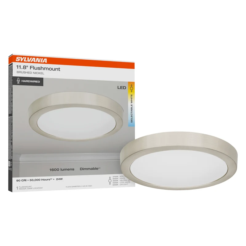 SYLVANIA 12" Flush Mount LED Fixture, 24W, 5 Color Select (2700K - 5000K), 90 CRI, 1600 Lms, Hardwired, Brushed Nickel