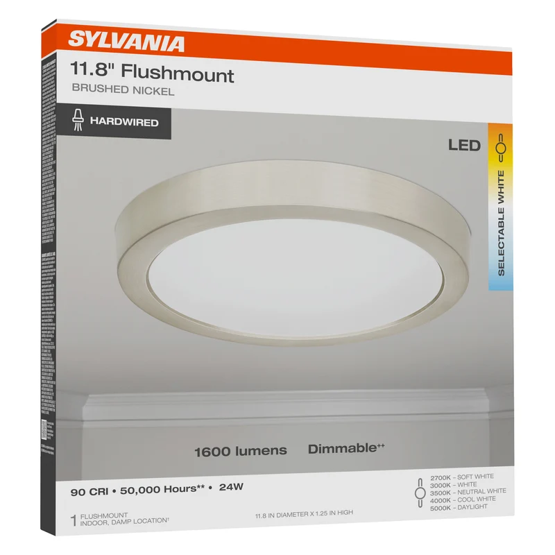 SYLVANIA 12" Flush Mount LED Fixture, 24W, 5 Color Select (2700K - 5000K), 90 CRI, 1600 Lms, Hardwired, Brushed Nickel