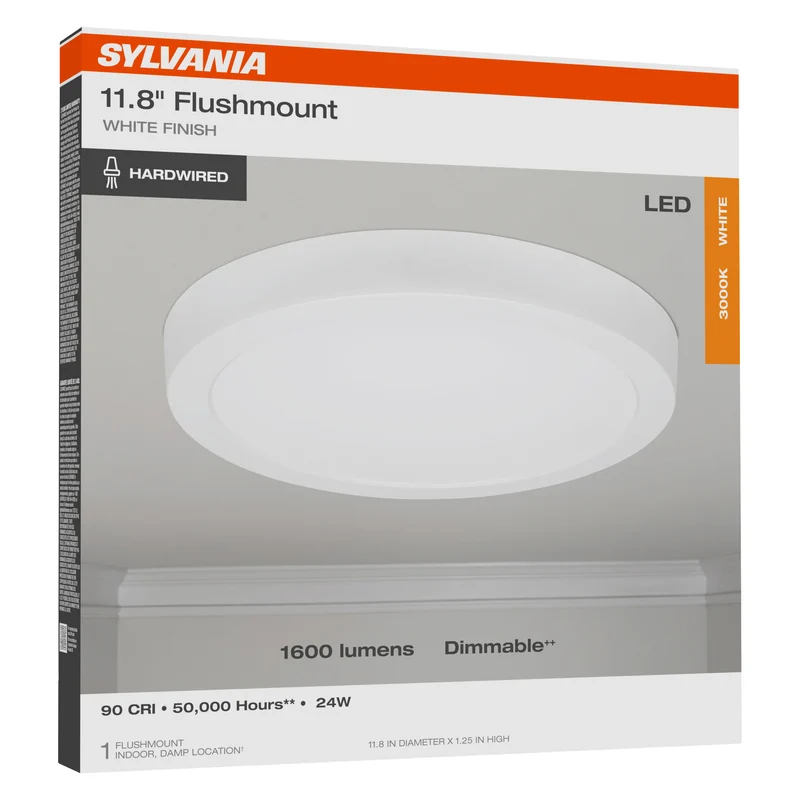 SYLVANIA 12" Flush Mount LED Fixture, 24W, 90 CRI, 1600 Lms, Hardwired, 3000K, White