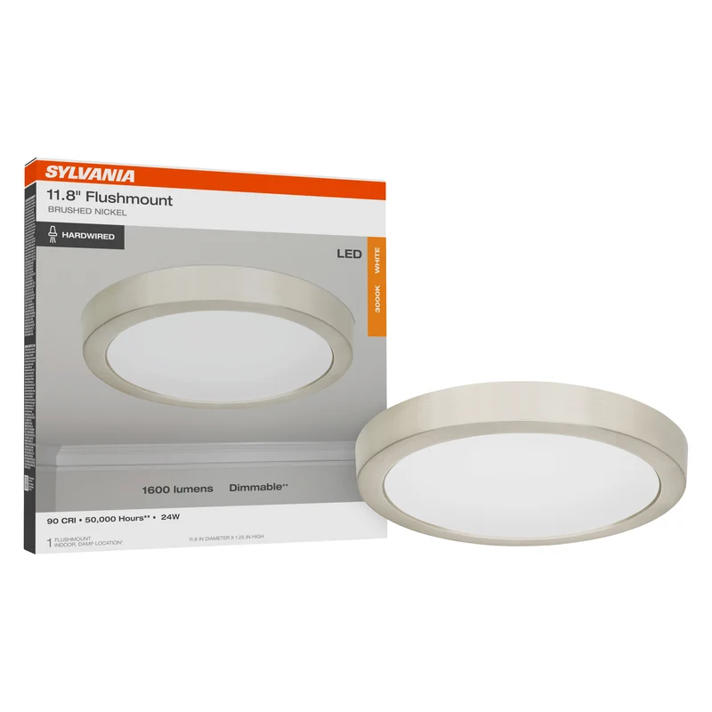 SYLVANIA 12" Flush Mount LED Fixture, 24W, 90 CRI, 1600 Lms, Hardwired, 3000K, Brushed Nickel