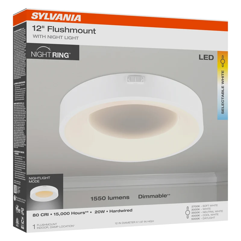 SYLVANIA 12" Flushmount 20W LED Light with Night Light, 2 Function, 5 CCT Select (2700K - 5000K), 1550 / 50 Lms, 80 CRI, Dimmable