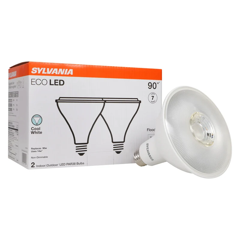 SYLVANIA ECO LED PAR38 Light Bulb, 90W = 14W, 7 Year, Non-Dimmable, 1000 Lms, Clear, 4000K, Cool White – 2 PK