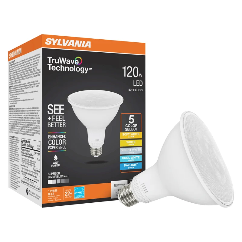 SYLVANIA TruWave PAR38 LED Light Bulb, 15.5W = 120W, 5 CCT Select 2700 / 3000 / 3500 / 4000 / 5000K, 40-Degree Angle, Dimmable, 1300 lms, Clear Finish - 1 PK