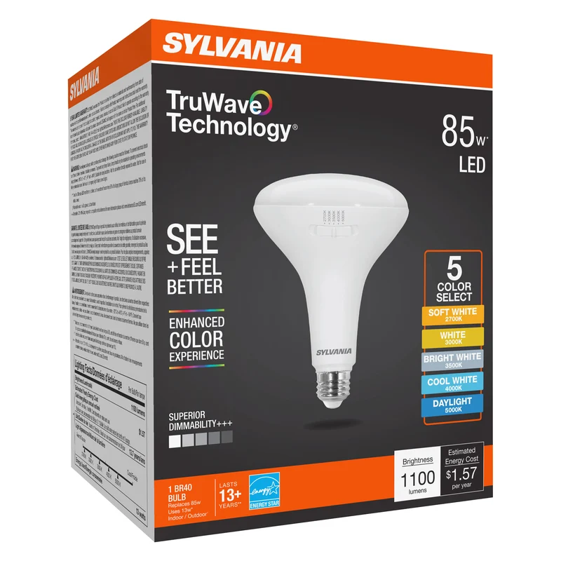 SYLVANIA TruWave BR40 LED Light Bulb, 13W = 85W, 5 CCT Select 2700 / 3000 / 3500 / 4000 / 5000K, Dimmable, 1100 lms, Frosted Finish - 1 PK