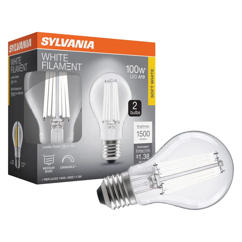SYLVANIA A19 Clear LED White Filament Bulb, 11.5W, Dimmable, 1500 Lms, Medium Base, 2700K, Soft White - 2 PK