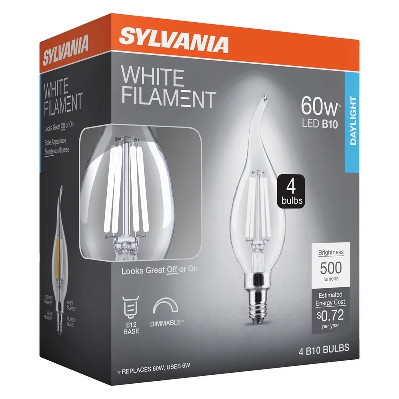 SYLVANIA B10 Clear LED White Filament Bulb, 6W, Dimmable, 500 Lms, Candelabra Base, 5000K, Daylight - 4 Pack (41849)