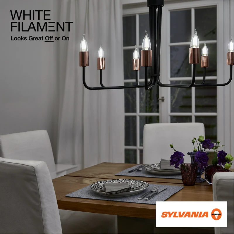 SYLVANIA B10 Clear LED White Filament Bulb, 6W, Dimmable, 500 Lms, Candelabra Base, 5000K, Daylight - 4 Pack (41849)