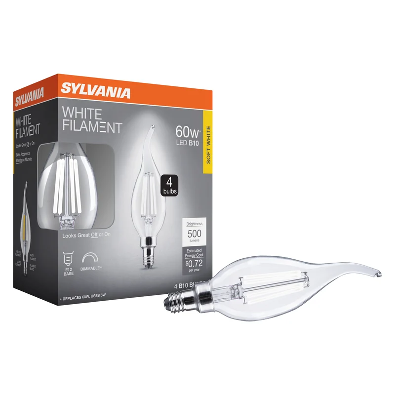 SYLVANIA B10 Clear LED White Filament Bulb, 6W, Dimmable, 500 Lms, Candelabra Base, 2700K, Soft White - 4 PK
