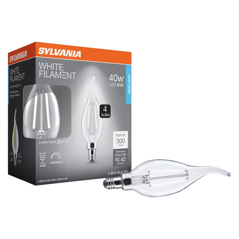 SYLVANIA B10 Clear LED White Filament Bulb, 3.5W, Dimmable, 300 Lms, Candelabra Base, 5000K, Daylight - 4 Pack (41847)