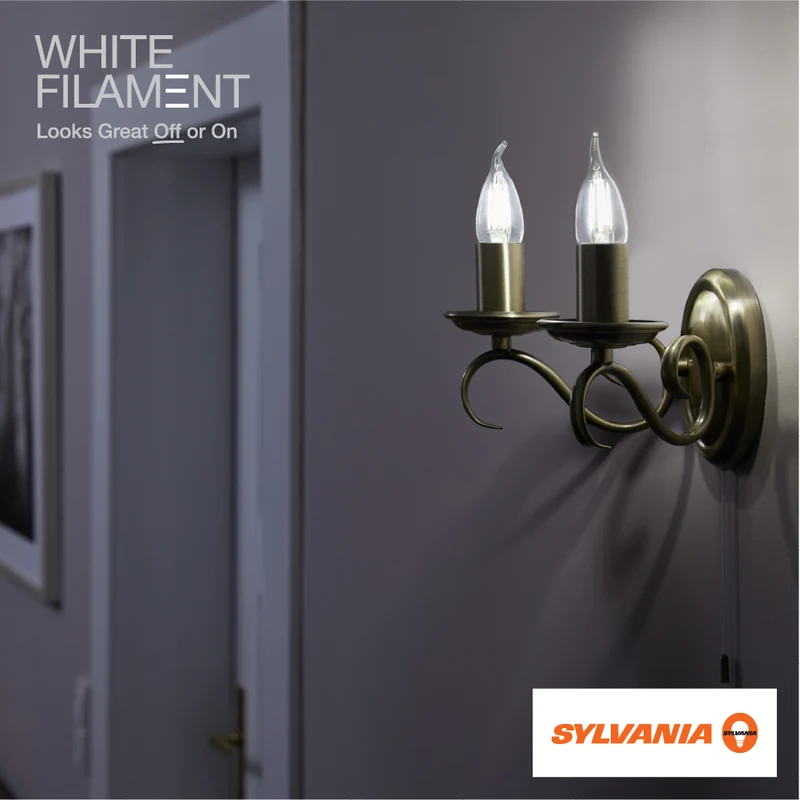 SYLVANIA B10 Clear LED White Filament Bulb, 3.5W, Dimmable, 300 Lms, Candelabra Base, 5000K, Daylight - 4 Pack (41847)