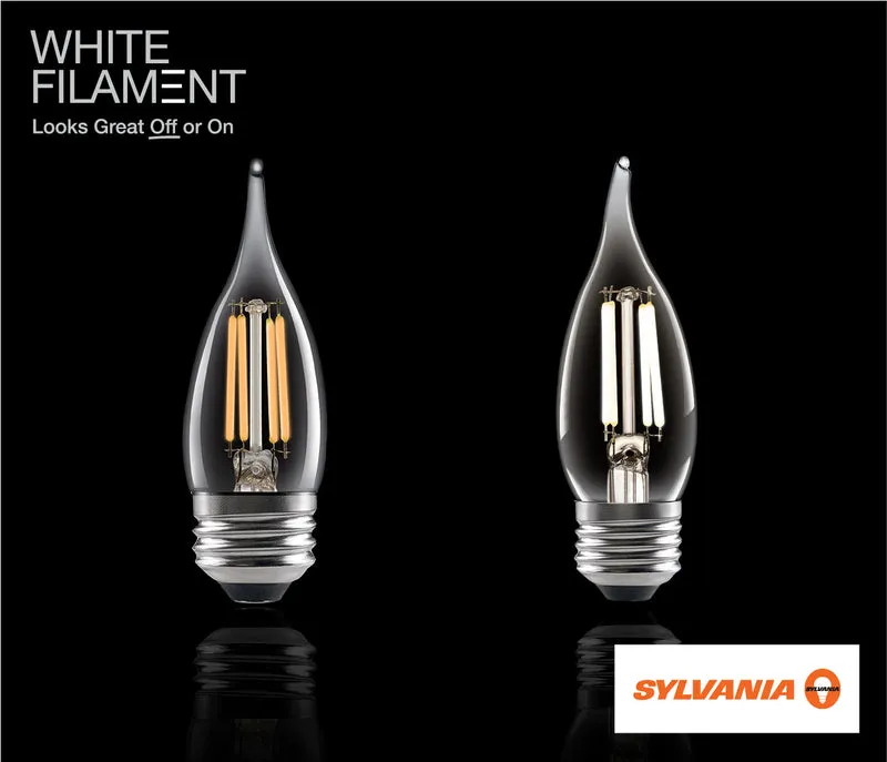 SYLVANIA B10 Clear LED White Filament Bulb, 3.5W, Dimmable, 300 Lms, Candelabra Base, 5000K, Daylight - 4 Pack (41847)