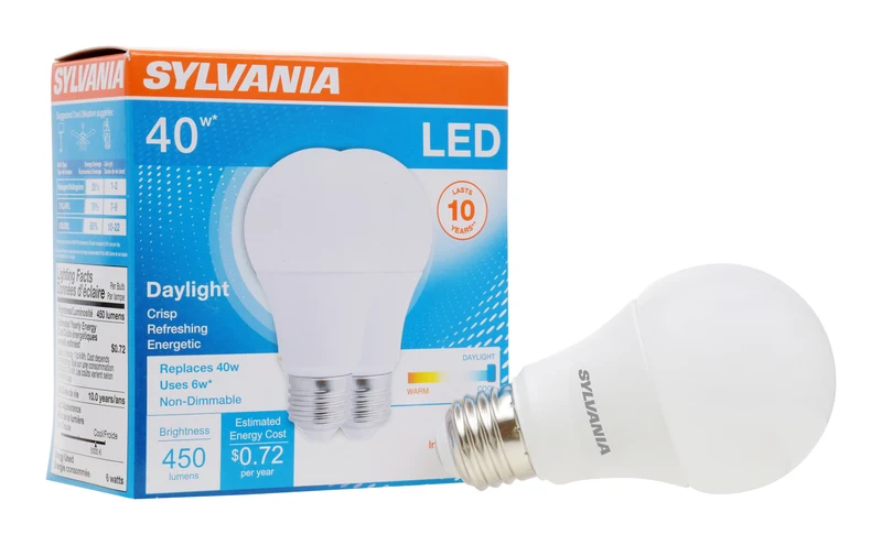 SYLVANIA A19 LED Light Bulb, 40W = 6W, Medium Base, Frosted Finish, 450 Lumens, Daylight - 2 PK