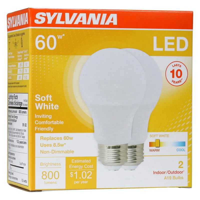SYLVANIA A19 LED Light Bulb, 60W = 8.5W, Medium Base, Frosted Finish, 800 Lumens, Soft White - 2 PK