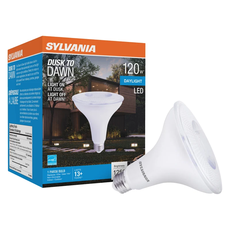 SYLVANIA Dusk to Dawn PAR38 LED Light Bulb with Auto On/Off Light Sensor, 120W = 14W, 1250 Lumens, 5000K, Daylight - 1 Pk