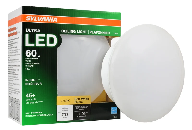 SYLVANIA LED Porcelain Ceiling Light Fixture, 60W = 9W, Energy Star, Non-Dimmable, 2700K, Soft White - 1 Pk