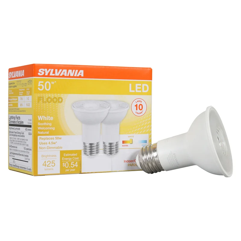 SYLVANIA LED PAR20 Flood Light Bulb, 50W = 6W, 10 Year, Non-Dimmable, 425 Lumens, 3000K, Warm White - 2 Pk