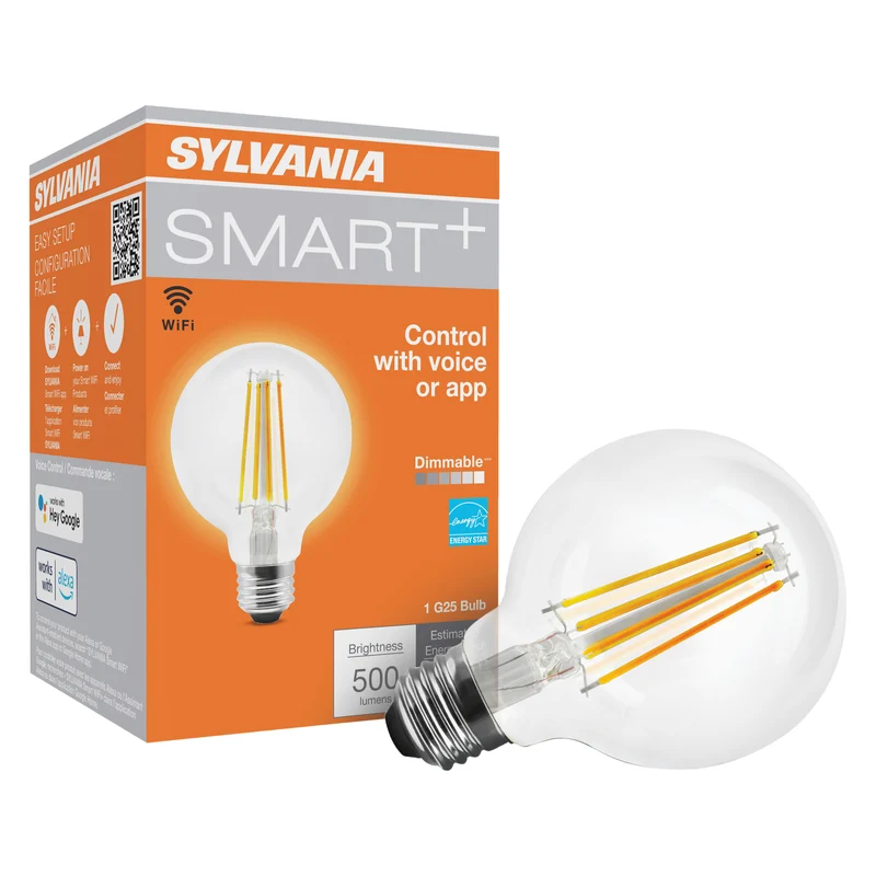 SYLVANIA Wifi LED Smart G25 Light Bulb, 5W, with Filament, for Alexa / Google Assistant, Energy Star, Clear, 2700K, Soft White - 1 PK