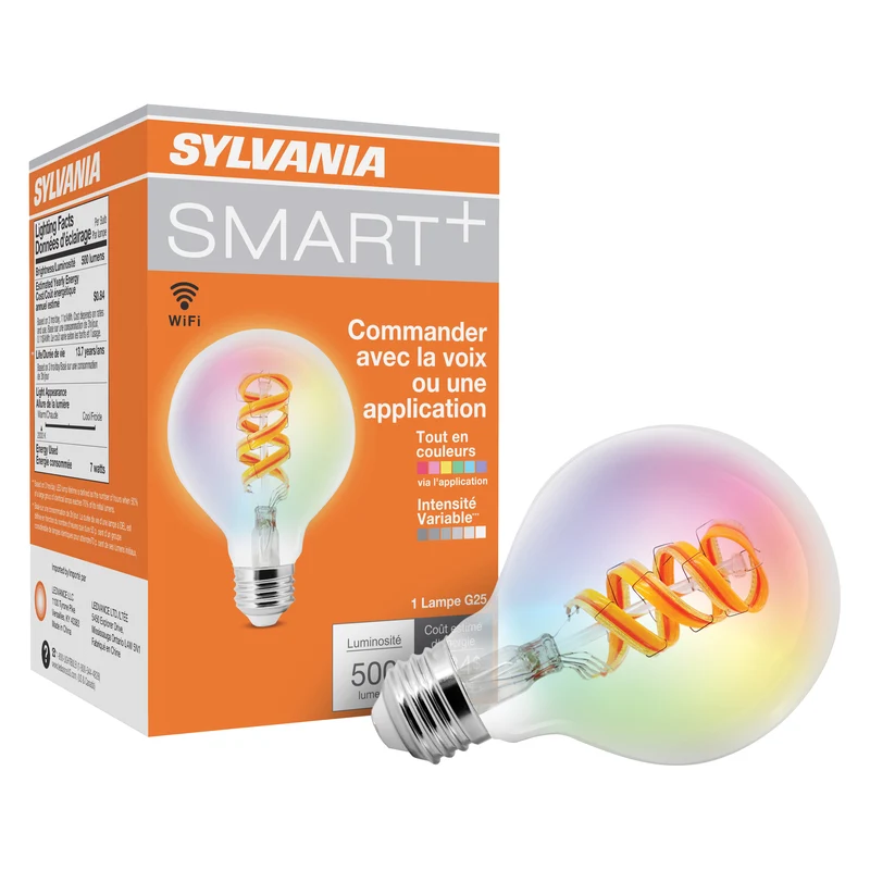 SYLVANIA Wifi LED Smart G25 RGBW Color and Amber Finish Filament Light Bulb, 7W, for Alexa / Google Assistant, 2000K, No Hub Required, Clear - 1 PK