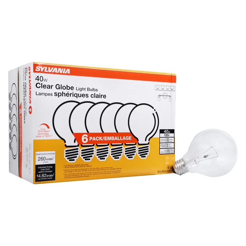 SYLVANIA Incandescent G25 Décor Globe Light Bulb, 40W, Dimmable, E26 Medium Base, Clear Finish, 2850K, Warm White - 6 PK