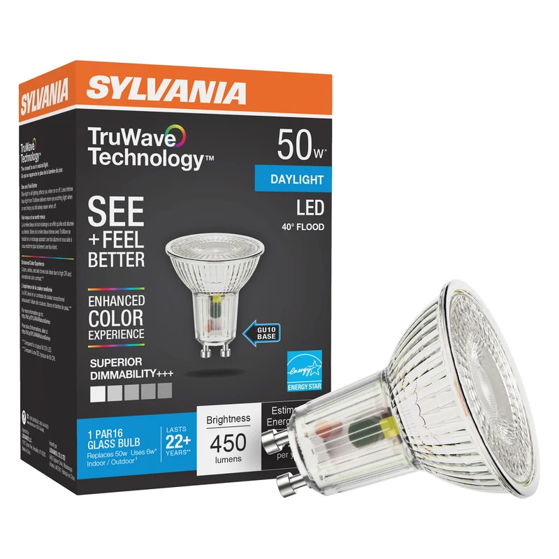 SYLVANIA LED TruWave Natural Series PAR16 Light Bulb, 50W = 6W, GU10 Bi-Pin Base, Dimmable, 5000K, Daylight