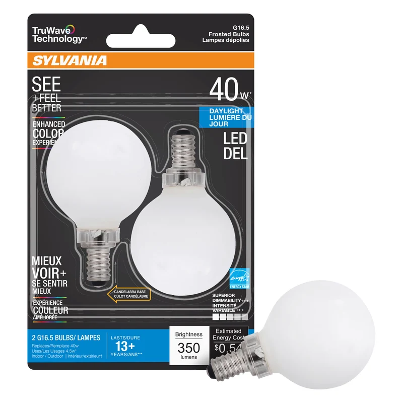 SYLVANIA TruWave Décor G16.5 Light Bulb, 40W = 4.5W, 350 Lumens, Candelabra Base, Frosted, 5000K, Daylight - 2 PK