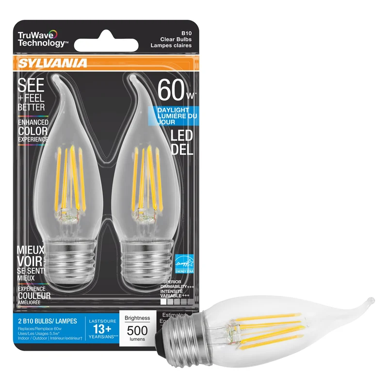 SYLVANIA LED TruWave Natural Series Candelabra B10 Light Bulb, 60W, Dimmable, Clear, Daylight - 2 Pk