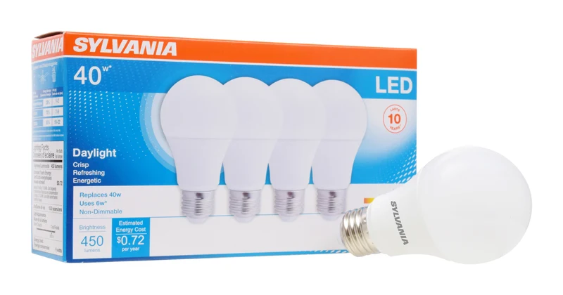 SYLVANIA LED A19 Light Bulb, 40W = 6W, 10 Year, Non-Dimmable, Frosted Finish, 450 Lumens, Daylight - 4 Pk