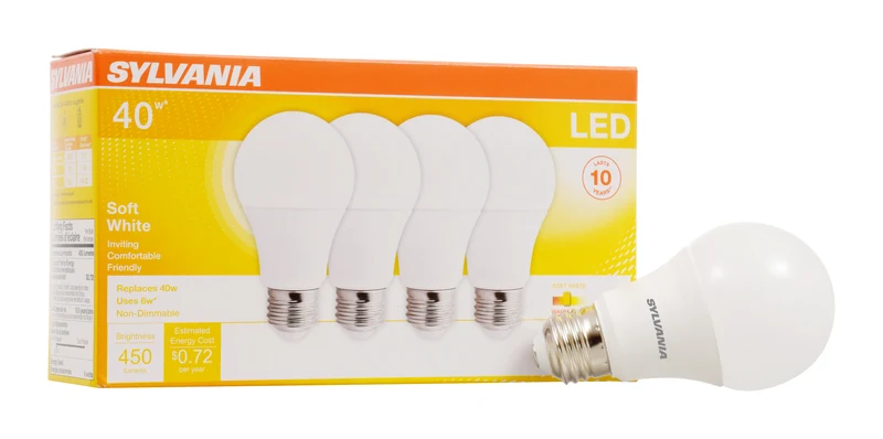 SYLVANIA LED A19 Light Bulb, 40W = 6W, 10 Year, Non-Dimmable, Frosted Finish, 450 Lumens, 2700K, Soft White - 4 Pk