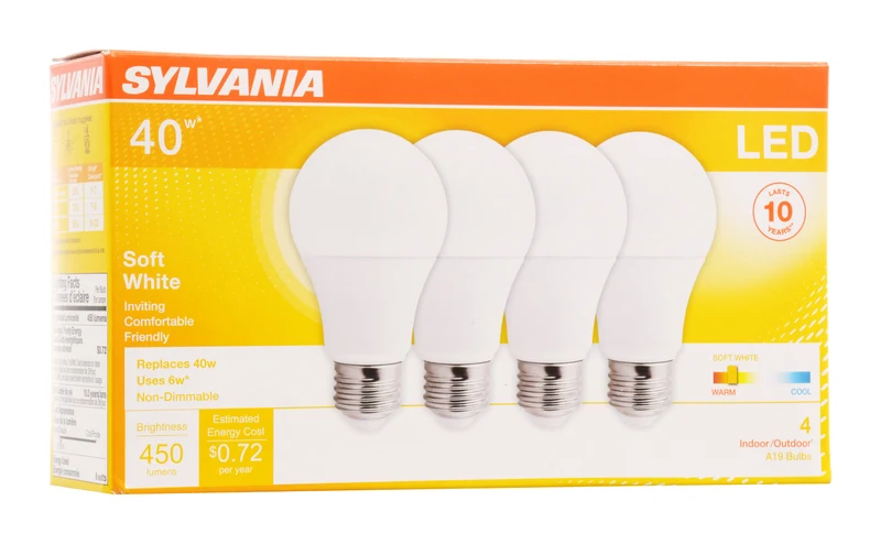 SYLVANIA LED A19 Light Bulb, 40W = 6W, 10 Year, Non-Dimmable, Frosted Finish, 450 Lumens, 2700K, Soft White - 4 Pk