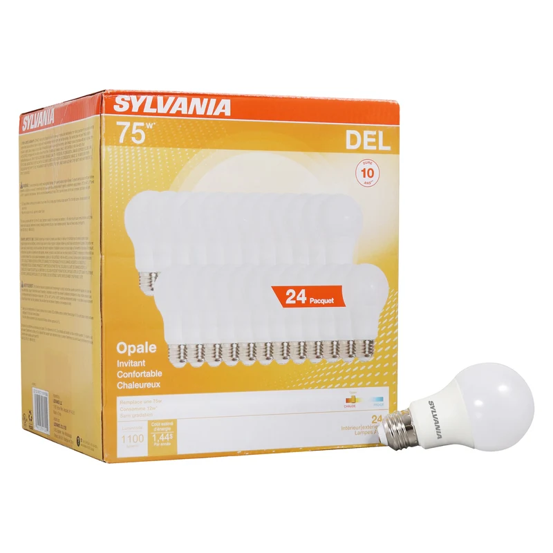 SYLVANIA LED A19 Light Bulb, 75W = 12W, Non-Dimmable, Frosted Finish, 1100 Lumens, 2700K, Soft White - 24 Pk