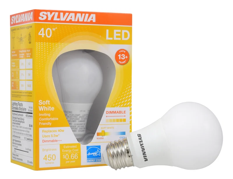 SYLVANIA LED A19 Light Bulb, 40W = 5.5W, Dimmable, 13 Year, Frosted, 2700K, Soft White - 1 Pk