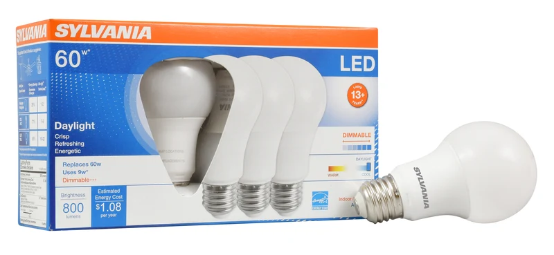 SYLVANIA ULTRA LED A19 Light Bulb, 60W = 9W, Dimmable, 13 Year, Frosted, 5000K, Daylight - 4 Pk