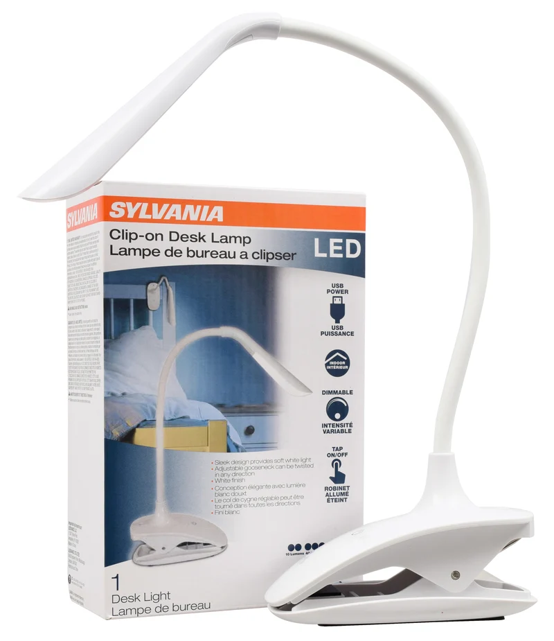 SYLVANIA LED USB Powered Clip-on Desk Lamp, Adjustable, Dimmable with Tap ON/OFF, Cool White
