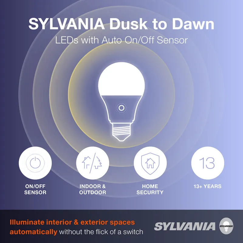 SYLVANIA Dusk to Dawn A19 LED Light Bulb with Auto On/Off Light Sensor, 60W=9W, 800 Lumens, 2700K, Soft White - 6 PK