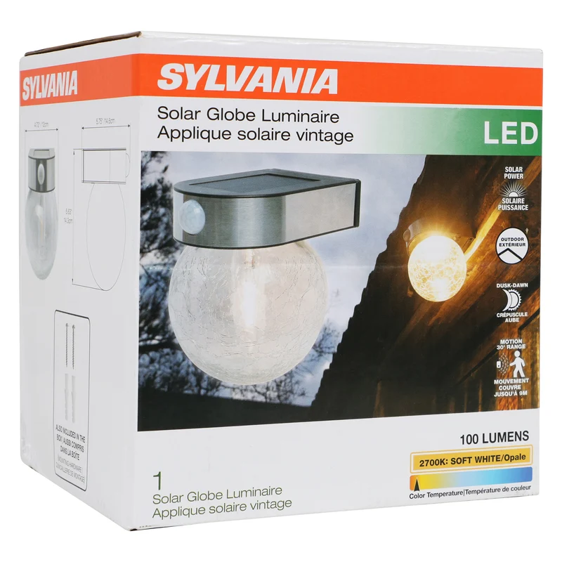SYLVANIA Solar Wall Mount Globe Lantern Light with PIR Sensor, LED and Battery Included, 100 lm, 2700K, Soft White, Black Finish