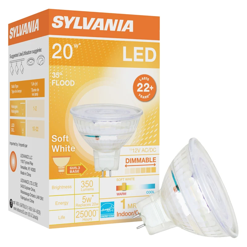 SYLVANIA LED Flood MR16 Light Bulb, 20W = 5W, GU5.3 Bi-Pin Base, Dimmable, 2700K / 3000K, Soft White / Bright White