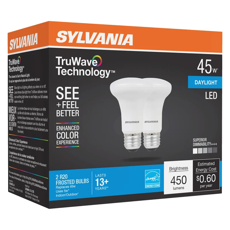 SYLVANIA LED TruWave R20 Light Bulb, 50W = 5W, Dimmable, Medium Base, Frosted, 5000K, Daylight - 2 PK