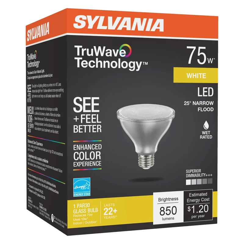 SYLVANIA LED TruWave PAR30 Light Bulb, 75W = 9W, Medium Base, Dimmable, 3000K, White - 1 PK