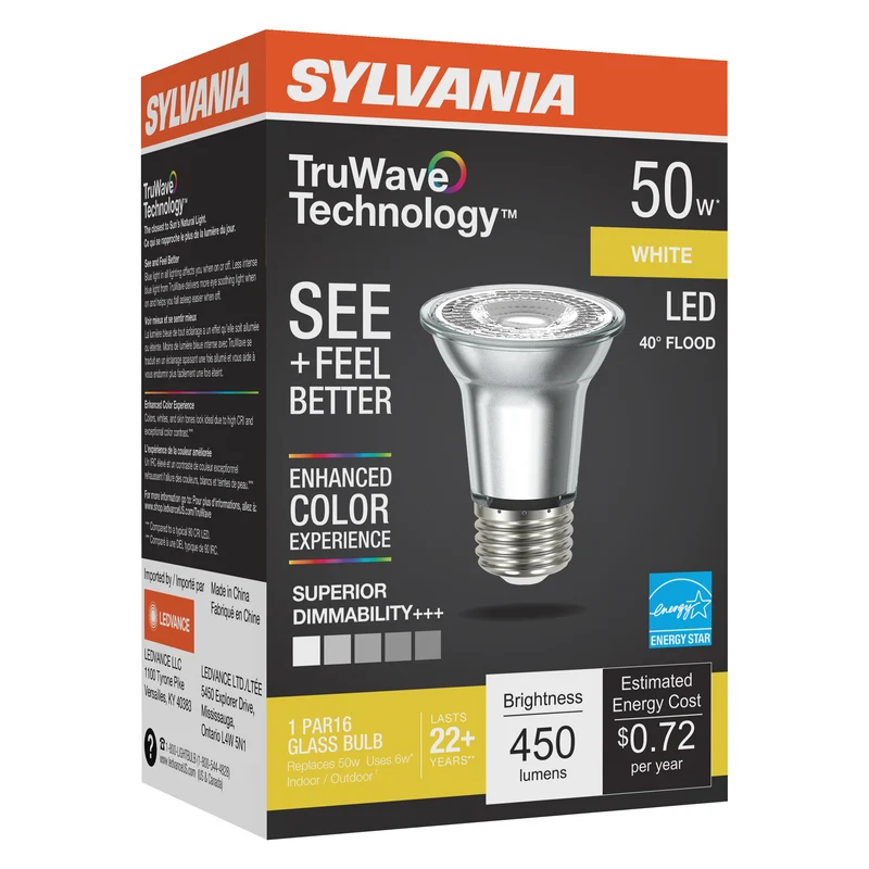SYLVANIA LED TruWave PAR16 Light Bulb, 50W = 6W, Medium Base, Dimmable, 3000K, White - 1 PK