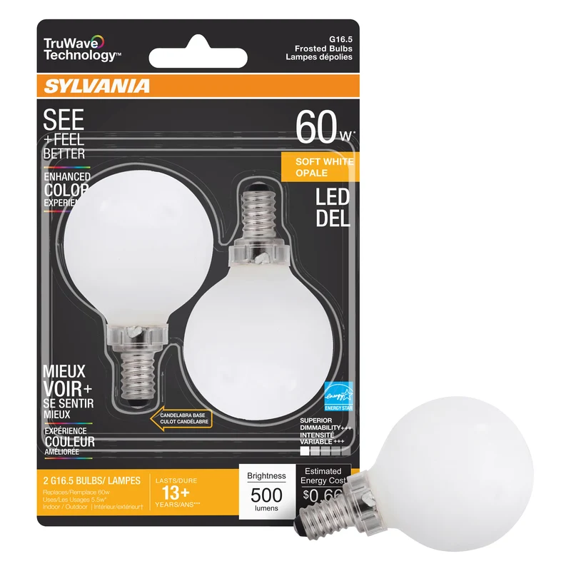 SYLVANIA LED TruWave Globe Light Bulb, 60W, Candelabra Base, Dimmable, Frosted, 2700K, Soft White - 2 PK