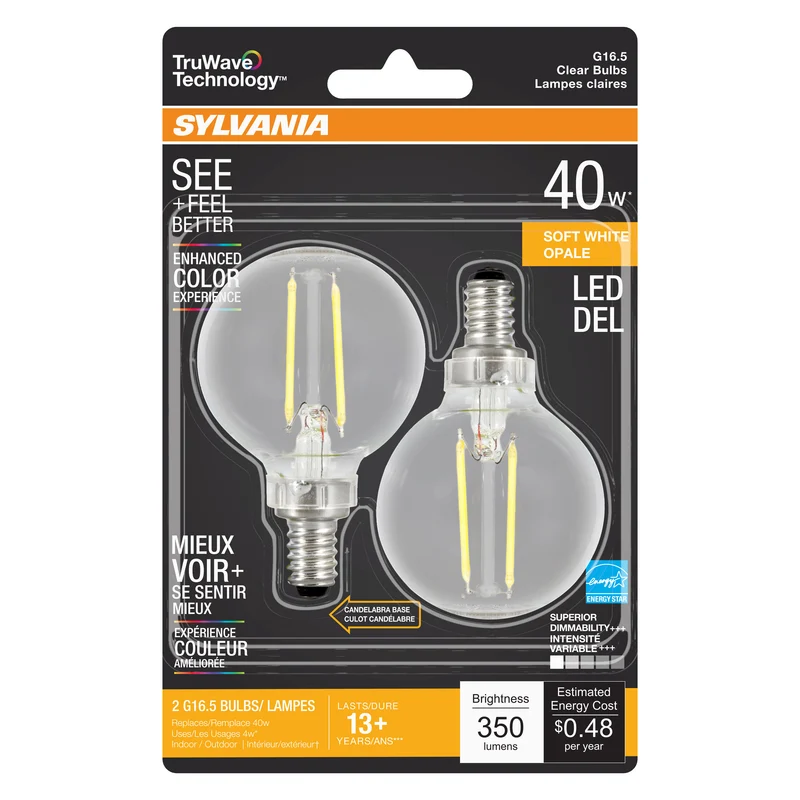 SYLVANIA LED TruWave Décor Globe G 16.5 Light Bulb, 40W = 4W, Candelabra Base, Dimmable, Clear, 2700K, Soft White - 2 PK