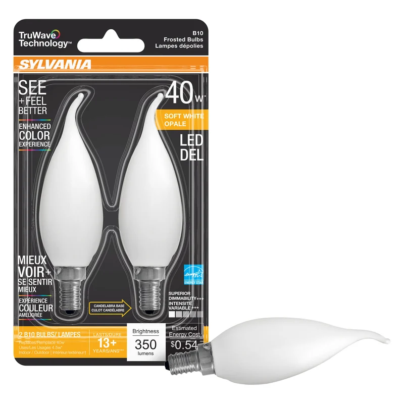 SYLVANIA LED TruWave Décor B10 Light Bulb, 60W = 5.5W, Dimmable, Candelabra Base, 500 Lumens, Frosted, 2700K, Soft White - 2 PK