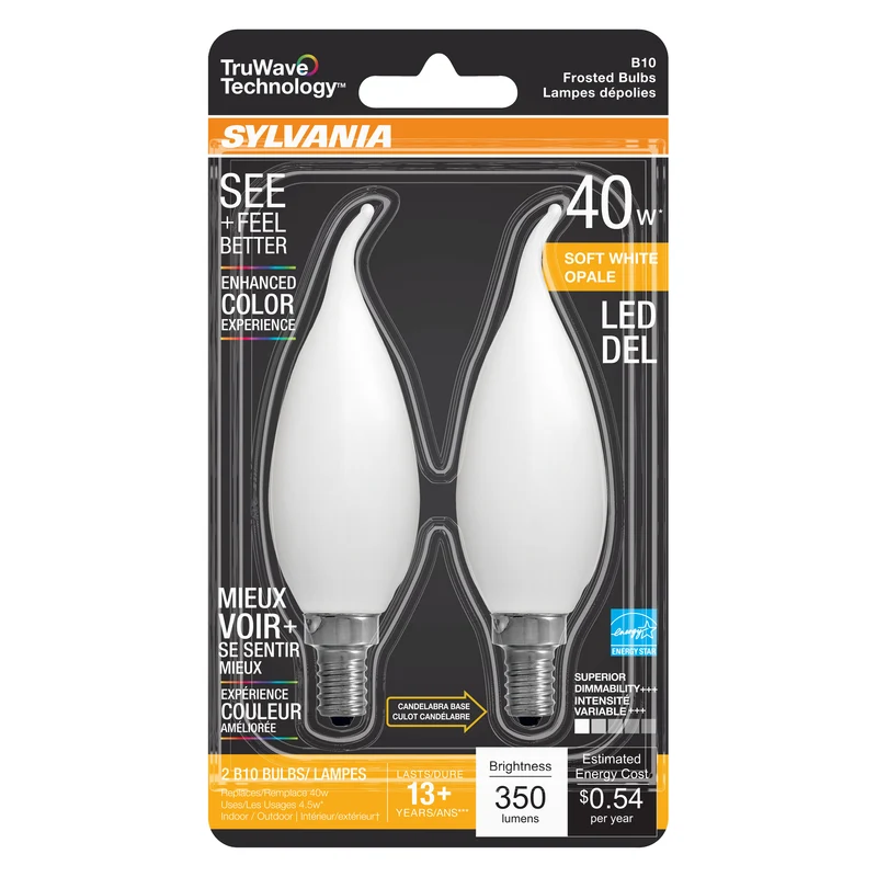 SYLVANIA LED TruWave Décor B10 Light Bulb, 60W = 5.5W, Dimmable, Candelabra Base, 500 Lumens, Frosted, 2700K, Soft White - 2 PK