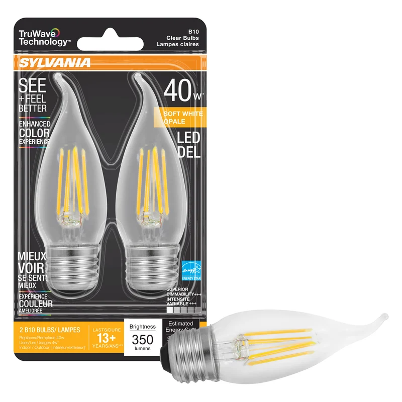 SYLVANIA LED TruWave Natural Series Candelabra Light Bulb, 40W = 4W, Dimmable, Medium Base, Clear, Candle Tip, Soft White - 2 PK
