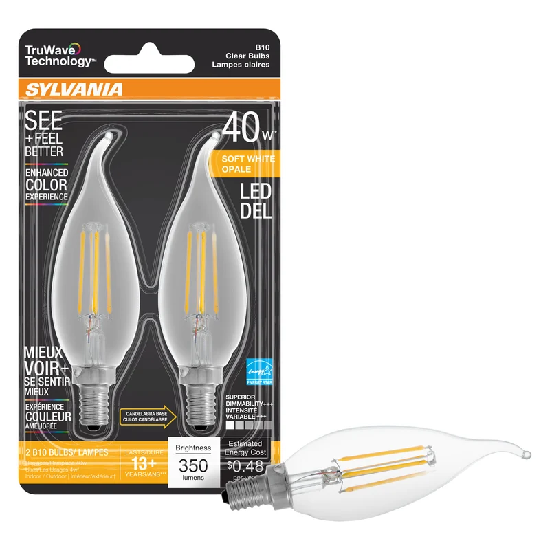 SYLVANIA LED TruWave Décor Light Bulb, 40W = 4W, B10, Dimmable, Candelabra Base, 2700K, Clear, Soft White - 2 PK