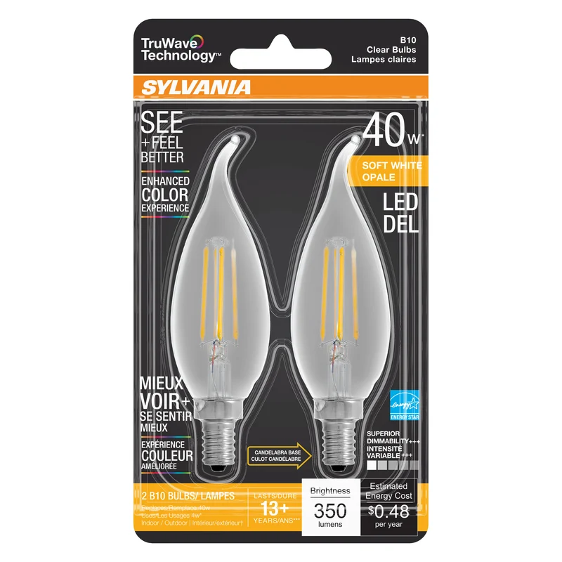 SYLVANIA LED TruWave Décor Light Bulb, 40W = 4W, B10, Dimmable, Candelabra Base, 2700K, Clear, Soft White - 2 PK