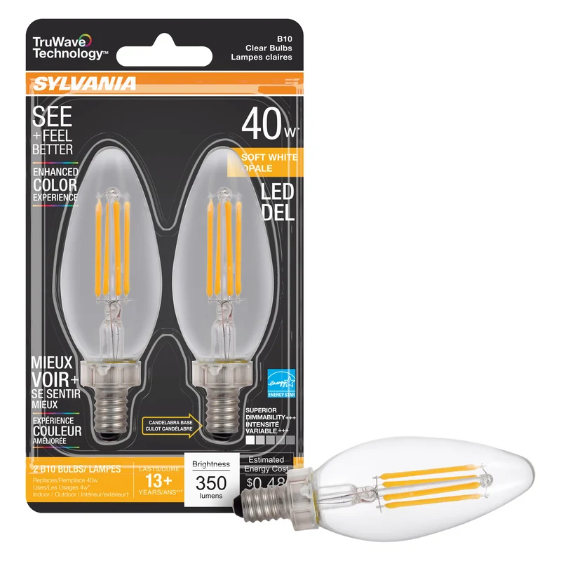 SYLVANIA LED TruWave Décor B10 Chandelier Light Bulb, 40W = 4W, Dimmable, Candelabra Base, Clear, 2700K, Soft White - 2 PK
